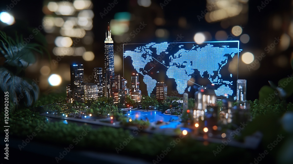 Poster eco-friendly world map with digital data overlay and greenery background