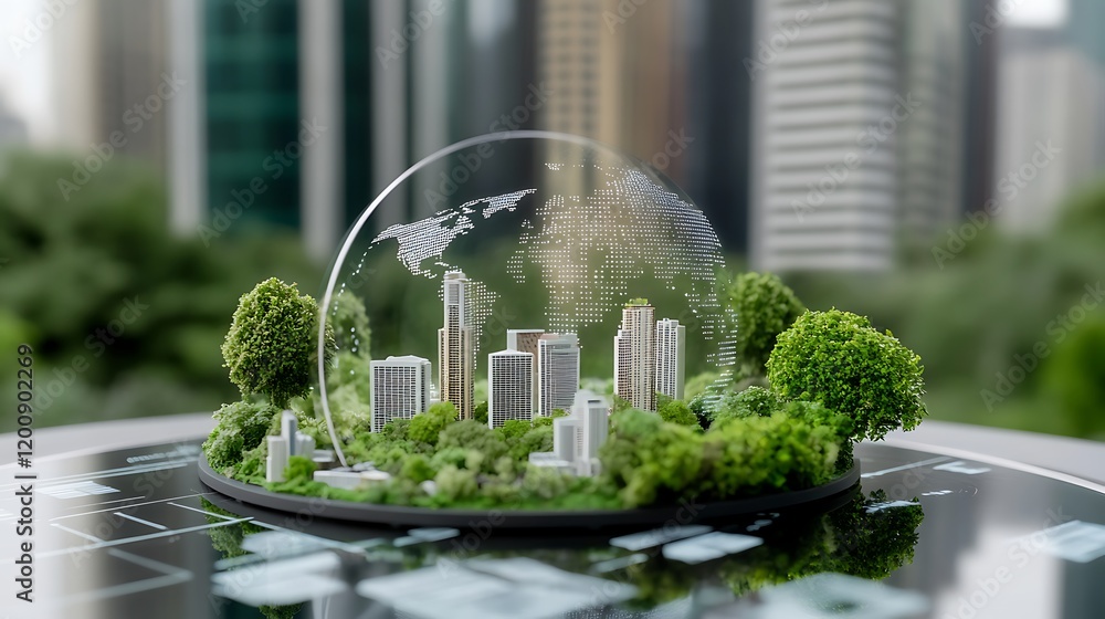 Poster eco-friendly world map with digital data overlay and greenery background