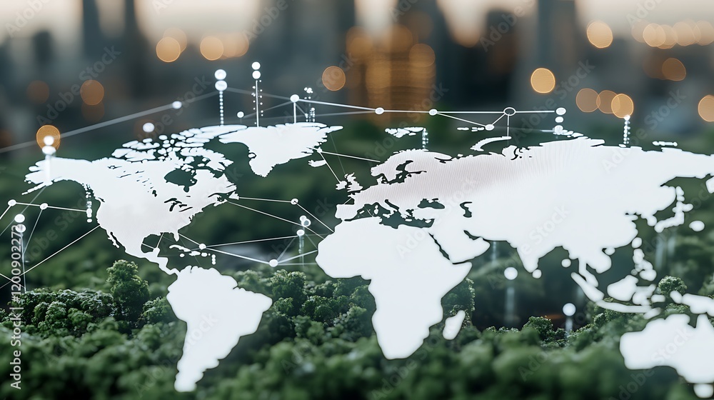 Poster eco-friendly world map with digital data overlay and greenery background