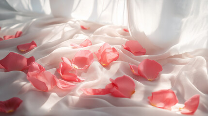 Valentine's Day Elegance: Scattered Rose Petals on Silk, Sunlit Curtains, Pastel Pink and White Ambiance