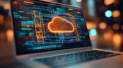 Futuristic Laptop with Glowing Cloud Technology Visualization on Screen