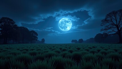 At night, an eye-level gaze captures verdant fields bathed in moonlight. A vibrant blue moon dominates the dark azure sky, ensconced within soft, drifting clouds