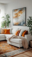 Fototapeta premium Scandinavian interior design, living room with white walls and a large abstract artwork on the wall, the sofa is an off-white modular chaise lounge,
