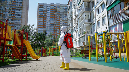 City playground disinfection, hazmat worker spraying, apartment buildings background, public health