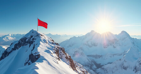 Panoramic Mountain Landscape – Vibrant Red and White Flag on Snow-Capped Summit Under Clear Blue Sky"