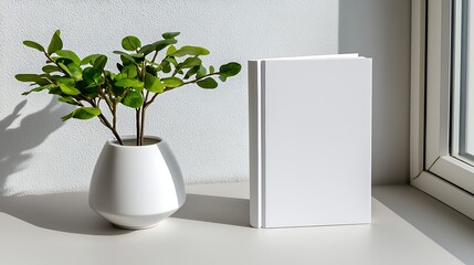 White Book and Plant Mockup on Window Sill in Sunlight