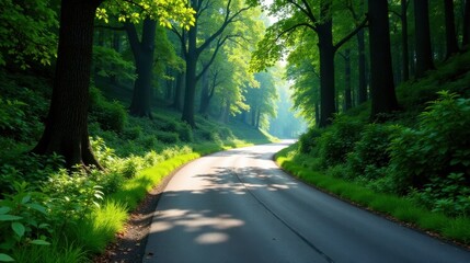 Obraz premium Serene Winding Road Through Lush Green Canopy, Bathed in Sunlight's Gentle Embrace