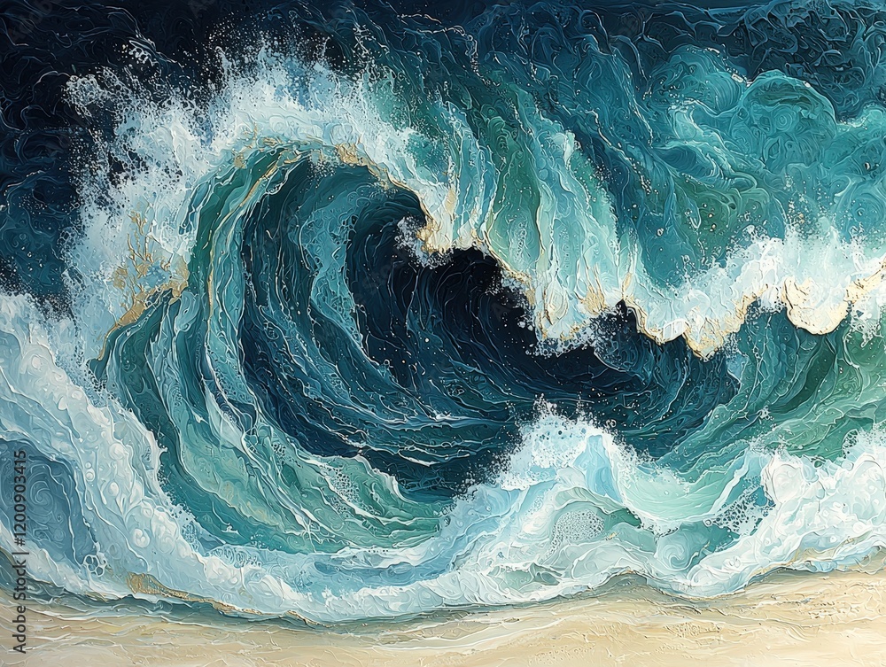 Poster a mesmerizing teal ocean wave curls and crashes towards the shore. its textured surface and dynamic 