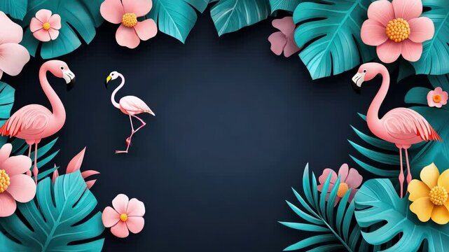 Tropical flamingo paradise: vibrant flowers and lush leaves on dark background