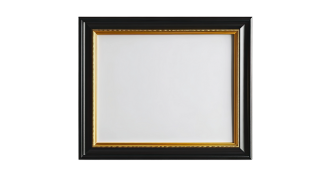 Black and Gold Frame Mockup: A sophisticated square picture frame with a classic black outer frame and a thinner inner gold frame, providing a perfect blank canvas for your design or artwork. 