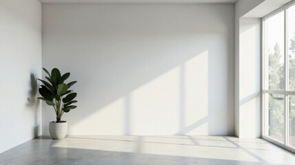 Fototapeta premium Bright Sunlight Illuminates Empty Room with Minimalist Decor and a Potted Plant