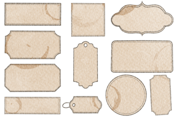 Used paper label tag sticker. Decorative carboard texture Vintage card isolated on transparent background. Retro badge. Insignia, sale sticker or invitation card.