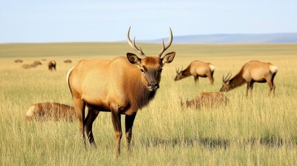 Obraz premium Elk Herd in a Grassland