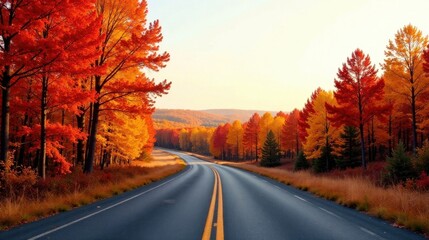Fototapeta premium Autumnal Road Trip Through Vibrant Foliage A Scenic Drive Adorned with Crimson and Gold Leaves