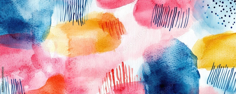 Poster doodle watercolor idea. a vibrant watercolor pattern featuring colorful splashes and abstract shapes