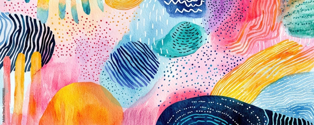 Poster Doodle watercolor idea. Vibrant abstract design with colorful shapes and patterns for artistic inspiration.