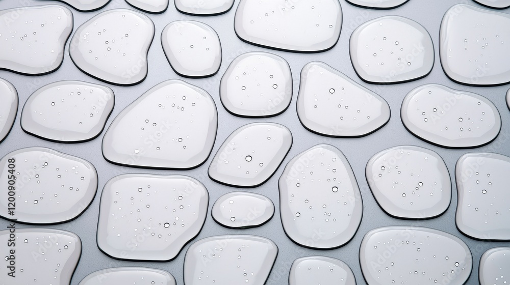 Poster a close-up view of smooth, rounded stones arranged in a decorative pattern on a light background.