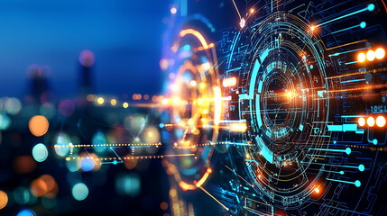 Obraz premium digital interface in power plant showcasing electric circuits and technology. vibrant colors and intricate designs create futuristic atmosphere