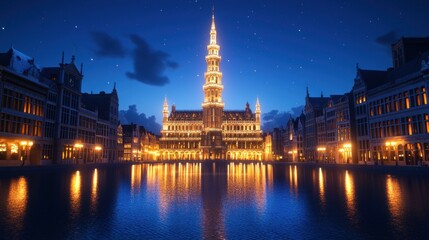 Obraz premium Night view of a grand building illuminated by lights.
