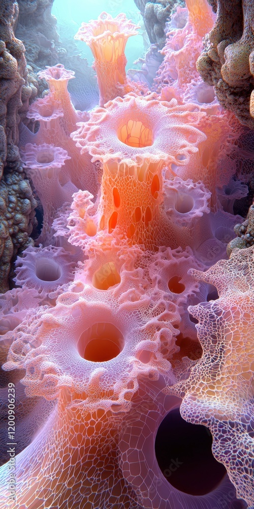 Poster Intricate coral-like structures with delicate latticework create a mesmerizing underwater fantasy scene. Ideal for backgrounds, textures, or other design elements.