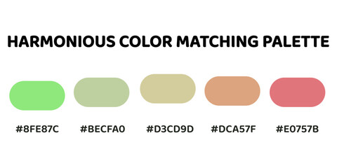 A harmonious color palette with five colors. This palette creates a balanced and harmonious impression, with colors that complement each other well, Light Green, Pale Green, Beige, Peach, Rose.. 1