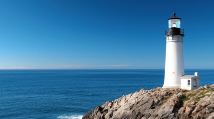 A lighthouse stands on rocky shores, guiding ships at sea.