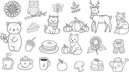 Autumn line art fall with gnome wildanimal pumpkin doodle outline elements, hand drawn leaf flower isolated.vector illustration