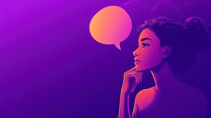 A woman holding her chin and thinking, with an empty speech bubble floating above, on a purple background. 