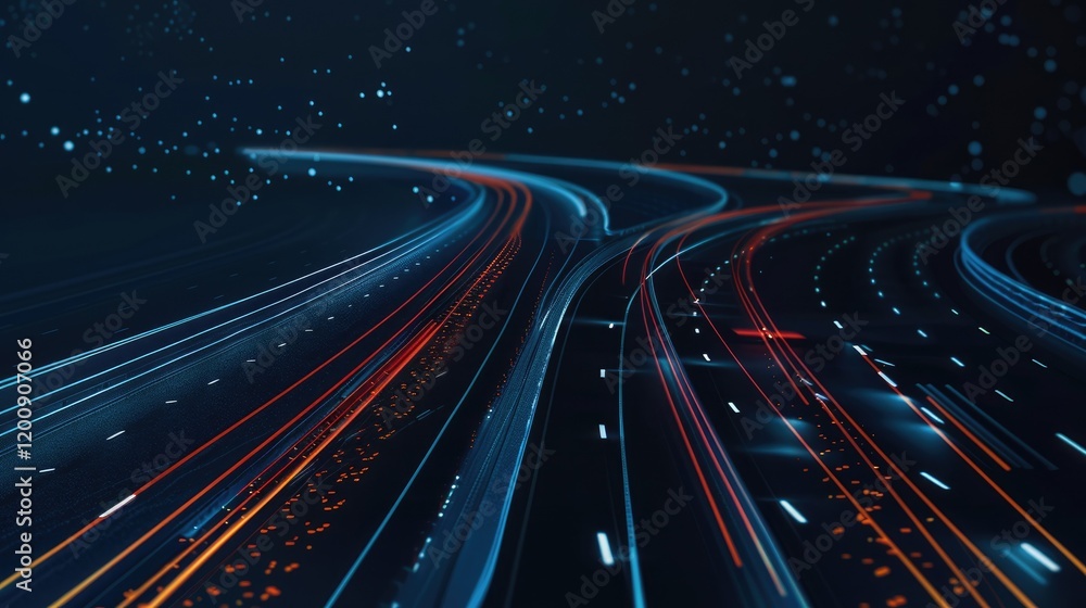 Poster a captivating abstract representation of a highway at night, featuring flowing light trails and a da