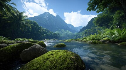 Serene river landscape surrounded by lush mountains and greenery.