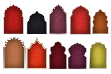 Islamic shape door or window with vignette border. Mughal Muslim architecture mosque gates. Rajasthani style backdrop frames. Beautiful window arabic arcs for Ramadaan Kareem. Overlay collection.