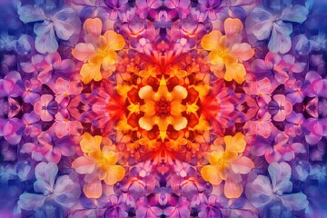 Obraz premium . A symmetrical mandala with floral elements, blending seamlessly into a vibrant gradient background.