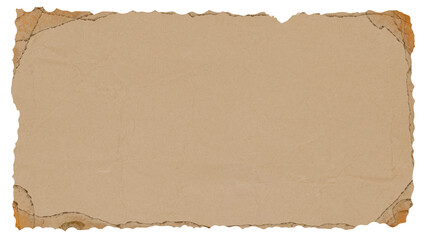 Vintage aged parchment paper sheet with torn worn deckle edges isolated on empty background