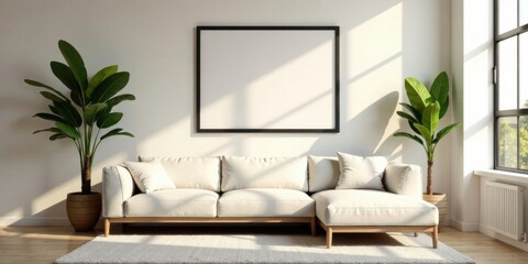 Modern Sectional Sofa in Sunlit Room with Minimalist Decor and Large Blank Canvas