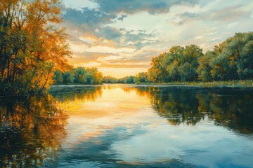 Obraz premium Tranquil river reflection at sunset nature scene