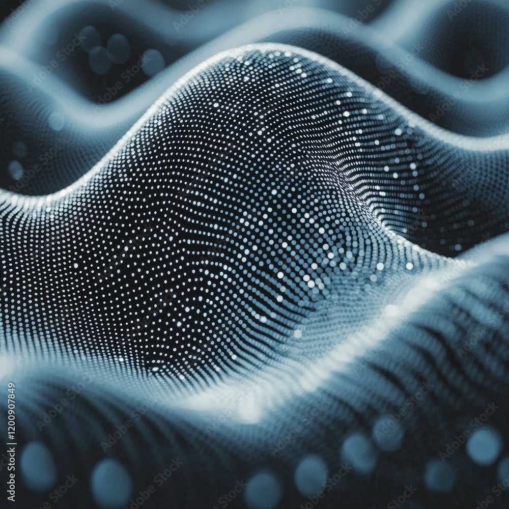 Poster abstract blue wavy particle mesh on black background. ideal for tech presentations, website backgrou