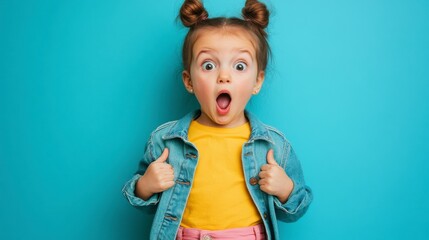 A shocked little girl standing on a blue background, wearing a yellow shirt and pink jeans with a denim jacket. 