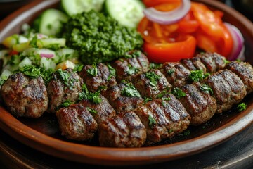 Grilled kofta kebabs served with fresh vegetables and pesto sauce