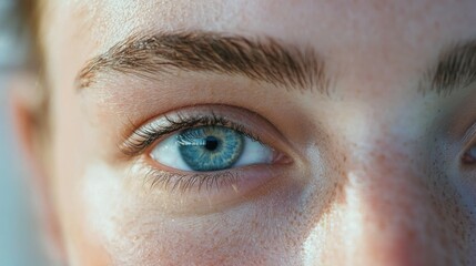 Close-up of a Person's Captivating Blue Eye, Featuring Intricate Details of Eyelashes, Iris, and Skin Texture