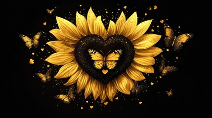 Fototapeta premium Golden sunflower with heart and butterfly embracing love and nature