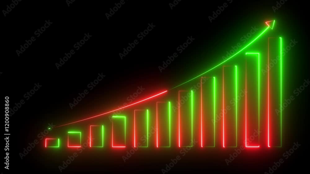 Poster neon business graph animation increased. 12 graph bar animation increased. 12 month increased graph 