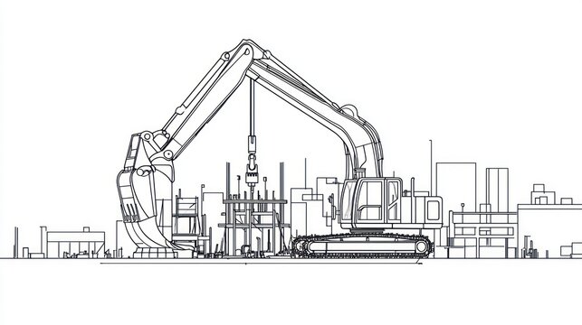 recommend clip art: Excavator at Construction Site: Urban Development Line Art