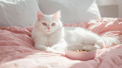 Obraz premium a cute white cat is laying on a pink bed with a bowl of food in front of her