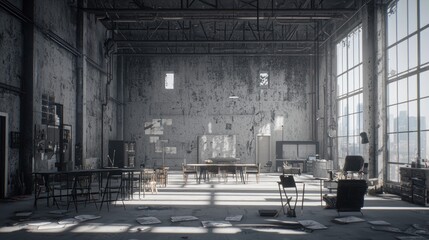 An empty industrial space with scattered papers and furniture.