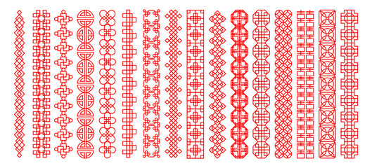 Chinese pattern frame. China ornament. Oriental design. Geometric decorations. Asia sign background. Traditional vintage graphic style. Red line national flat motif. Vector Asian label borders set