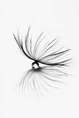 A single delicate feather rests elegantly atop a shimmering droplet, casting intricate reflections on a pristine white surface.