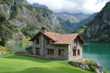 Fototapeta premium Stone cottage nestled by a serene mountain lake embraces tranquility