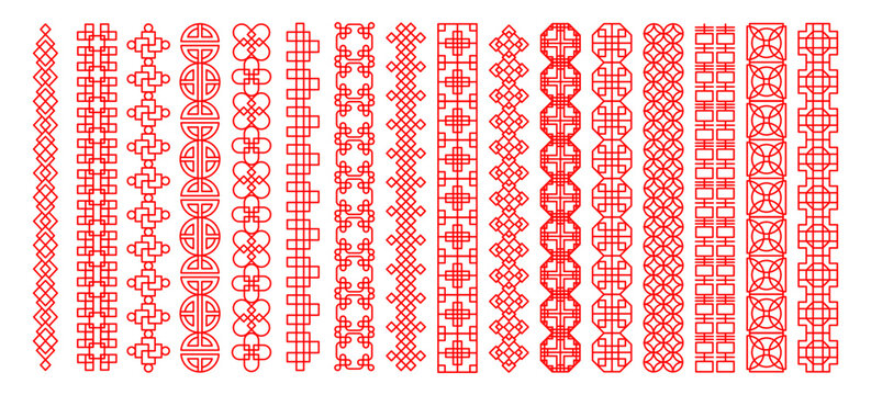 Chinese pattern frame. China ornament. Oriental design. Geometric decorations. Asia sign background. Traditional vintage graphic style. Red line national flat motif. Vector Asian label borders set
