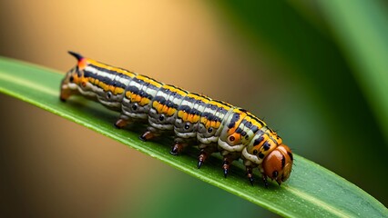This detailed close-up image features an Armyworm, a common agricultural pest, resting on a blade of grass