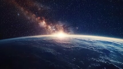 Fototapeta premium Sunrise over Earth from Space: A Majestic View of Our Planet and the Milky Way